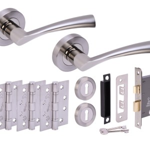 HUNTAĀ® LOBO Polished Nickel plated/Satin Nickel plated Sashlock Doorpack (x3 102mm FD hinges) 76mm CE 3L Lock