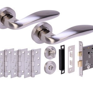 HUNTAĀ® LAGUS Polished Nickel plated/Satin Nickel plated Bathroom Doorpack (x3 102mm FD hinges) 76mm CE Bathlock