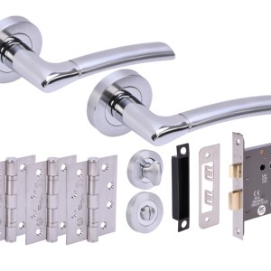 HUNTAĀ® COLUMBA Polished Chrome plated/Satin Chrome plated Bathroom Doorpack (x3 102mm FD hinges) 76mm CE Bathlock