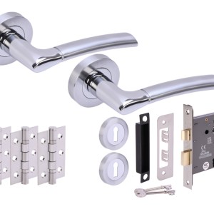 HUNTAĀ® COLUMBA Polished Chrome plated/Satin Chrome plated Sashlock Doorpack (x3 76mm hinges) 76mm CE 3L Lock
