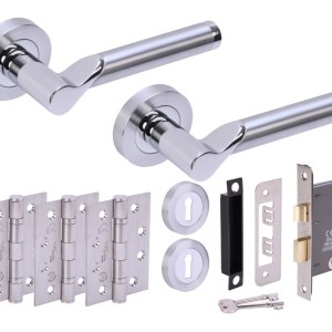 HUNTAĀ® HYDRUS Polished Chrome plated/Satin Chrome plated Sashlock Doorpack (x3 102mm FD hinges) 76mm CE 3L Lock