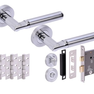 HUNTAĀ® LACERTA Polished Chrome plated/Satin Chrome plated Bathroom Doorpack (x3 76mm hinges) 76mm CE bathlock
