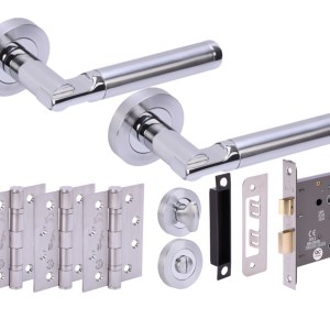 HUNTAĀ® LACERTA Polished Chrome plated/Satin Chrome plated Bathroom Doorpack (x3 102mm FD hinges) 76mm CE Bathlock