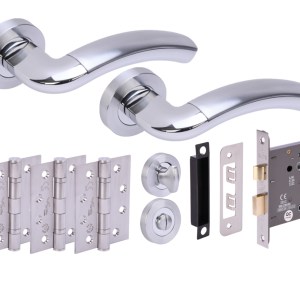 HUNTAĀ® CORAX Polished Chrome plated/Satin Chrome plated Bathroom Doorpack (x3 102mm FD hinges) 76mm CE Bathlock