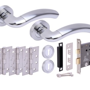 HUNTAĀ® CORAX Polished Chrome plated/Satin Chrome plated Sashlock Doorpack (x3 102mm FD hinges) 76mm CE 3L Lock