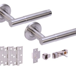 HUNTAĀ® KOTOR Knurled Satin Stainless Steel Privacy Doorpack (x3 hinges) BULLET Latch