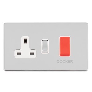 EUROLITEĀ® Concealed 3mm 45Amp Dp Cooker Switch With 13Amp Socket - Polished Chrome (White)
