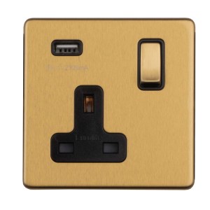 EUROLITEĀ® Concealed 3mm 1 Gang Switched Socket With Usb - Satin Brass (Black)