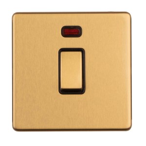 EUROLITEĀ® Concealed 3mm 1 Gang 20Amp Switched Socket With Neon Indicator - Satin Brass (Black)