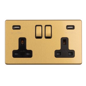 EUROLITEĀ® Concealed 3mm 2 Gang 13Amp Switched Socket With Usb - Satin Brass (Black)