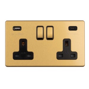 EUROLITEĀ® Concealed 3mm 2 Gang 13Amp Switched Socket With Usb C Satin Brass - Satin Brass (Black)
