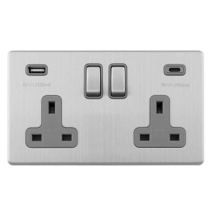 EUROLITEĀ® Concealed 3mm Concealed 3Mm 2 Gang Usbc Socket - Stainless Steel (Grey)