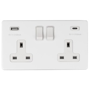 EUROLITEĀ® Concealed 3mm 2 Gang 13Amp Switched Socket With Usb C White - Matt White (White)