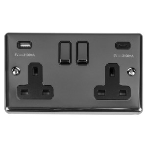 EUROLITEĀ® Enhance Decorative 2 Gang 13Amp Switched Socket With Usb C Black Nickel - Black Nickel (Black)
