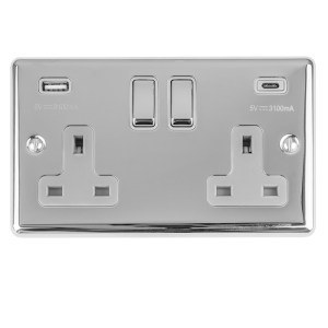 EUROLITEĀ® Enhance Decorative 2 Gang 13Amp Switched Socket With Usb C Polished Chrome - Polished Chrome (Rockers)