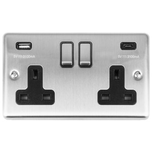 EUROLITEĀ® Enhance Decorative 2 Gang 13Amp Switched Socket With Usb C Stainless Steel - Satin Stainless (Rockers)