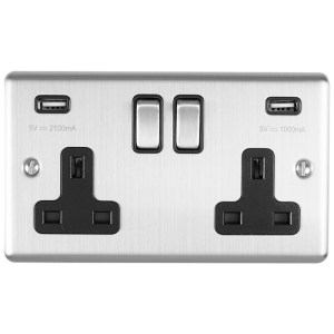 EUROLITEĀ® Enhance Decorative 2 Gang Usb Socket - Satin Stainless (Black)