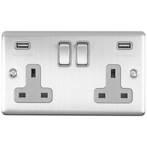 EUROLITEĀ® Enhance Decorative 2 Gang Usb Socket - Satin Stainless (Grey)