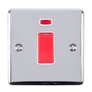 EUROLITEĀ® Enhance Decorative 45Amp Switch With Neon Indicator - Polished Chrome (White)
