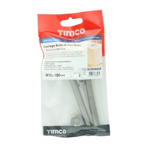 TIMCO Carriage Bolts DIN603 & Hex Full Nut DIN934 A2 Stainless Steel - M10 x 100