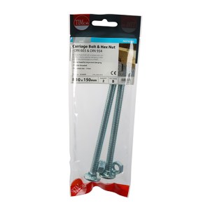 TIMCO Carriage Bolts DIN603 & Hex Full Nut DIN934 Silver - M10 x 150