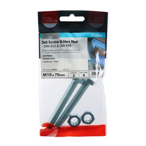 TIMCO Set Screws DIN933 Grade 8.8 & Hex Nut DIN934 Silver - M10 x 70
