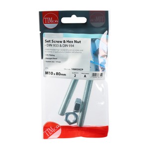 TIMCO Set Screws DIN933 Grade 8.8 & Hex Nut DIN934 Silver - M10 x 80
