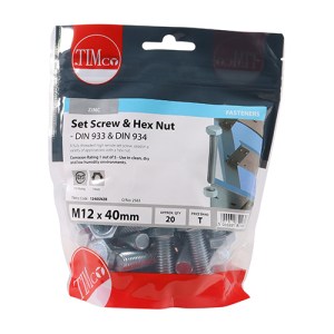 TIMCO Set Screws DIN933 Grade 8.8 & Hex Nut DIN934 Silver - M12 x 40