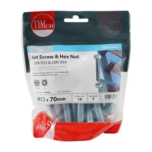 TIMCO Set Screws DIN933 Grade 8.8 & Hex Nut DIN934 Silver - M12 x 70