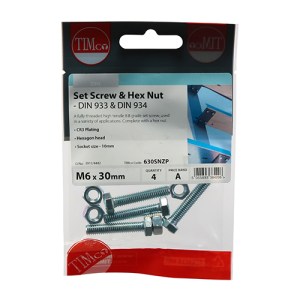 TIMCO Set Screws DIN933 Grade 8.8 & Hex Nut DIN934 Silver - M6 x 30