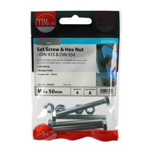 TIMCO Set Screws DIN933 Grade 8.8 & Hex Nut DIN934 Silver - M6 x 50