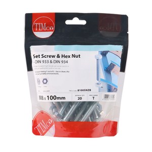 TIMCO Set Screws DIN933 Grade 8.8 & Hex Nut DIN934 Silver - M8 x 100