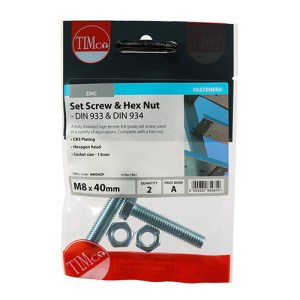 TIMCO Set Screws DIN933 Grade 8.8 & Hex Nut DIN934 Silver - M8 x 40
