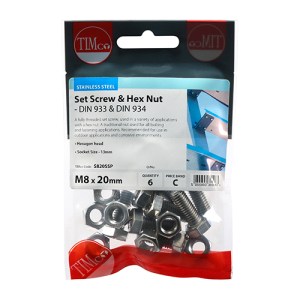 TIMCO Set Screws DIN933 Hex & Nut DIN934 Silver A2 Stainless Steel - M8 x 20