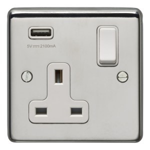 EUROLITEĀ® Stainless steel 1 Gang Usb Socket - Polished Stainless Steel (White)