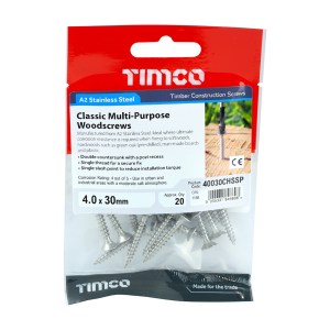TIMCO Classic Multi-Purpose Countersunk A2 Stainless Steel Woodcrews - 4.0 x 30