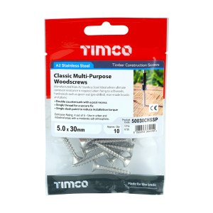 TIMCO Classic Multi-Purpose Countersunk A2 Stainless Steel Woodcrews - 5.0 x 30
