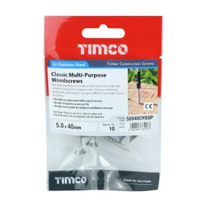 TIMCO Classic Multi-Purpose Countersunk A2 Stainless Steel Woodcrews - 5.0 x 40