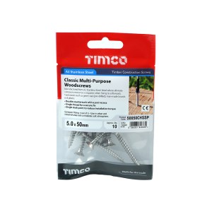 TIMCO Classic Multi-Purpose Countersunk A2 Stainless Steel Woodcrews - 5.0 x 50