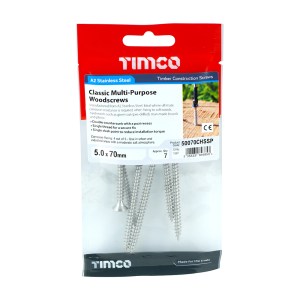 TIMCO Classic Multi-Purpose Countersunk A2 Stainless Steel Woodcrews - 5.0 x 70