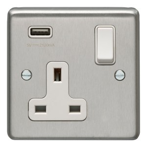 EUROLITEĀ® Stainless steel 1 Gang Usb Socket - Satin Stainless Steel (White)
