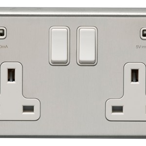 EUROLITEĀ® Stainless steel 2 Gang Usb Socket - Satin Stainless Steel (White)