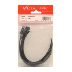 Value Pack® Black Cable Ties, 200mm x 4.8mm, 10pk