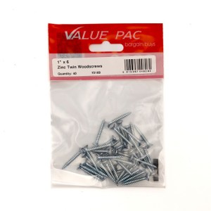 Value PackĀ® 1" x 6 ZP Cross Recessed Hardened Twin Thread Woodscrews with Countersunk Head 40Pk