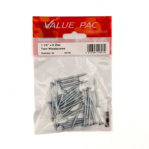 Value PackĀ® 1 1/2" x 6 ZP Cross Recessed Hardened Twin Thread Woodscrews with Countersunk Head 30pk
