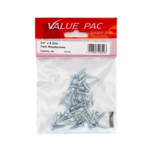 Value PackĀ® 3/4" x 8 ZP Cross Recessed Hardened Twin Thread Woodscrews with Countersunk Head 40Pk
