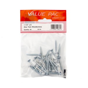 Value PackĀ® 1 1/4" x 8 ZP Cross Recessed Hardened Twin Thread Woodscrews with Countersunk Head 30pk