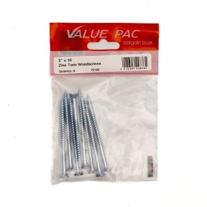 Value PackĀ® 3" x 10 ZP Cross Recessed Hardened Twin Thread Woodscrews with Countersunk Head