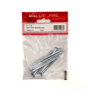 Value PackĀ® 3" x 12 ZP Cross Recessed Hardened Twin Thread Woodscrews with Countersunk Head
