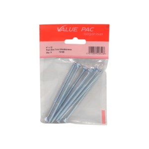 Value PackĀ® 4" x 12 ZP Cross Recessed Hardened Twin Thread Woodscrews with Countersunk Head 5pk